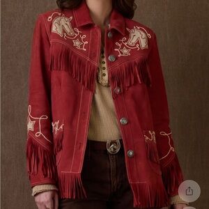 Double D Ranch Red Leather Jacket with Embroidery and Fringe Jimmy Jack Jacket